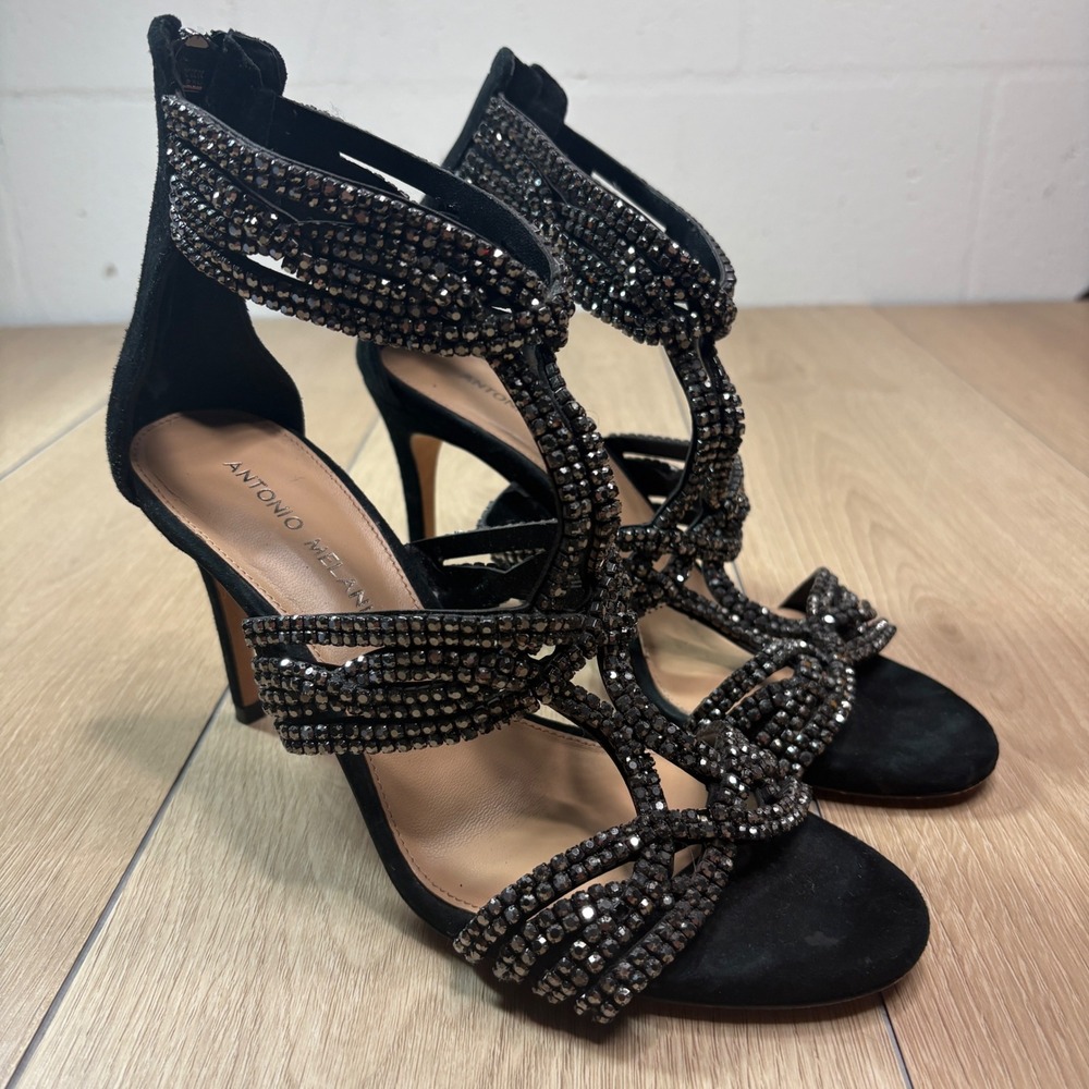 Antonio Melani Black Suede Rhinestone Cage Stiletto Sandals Heels 8.5M